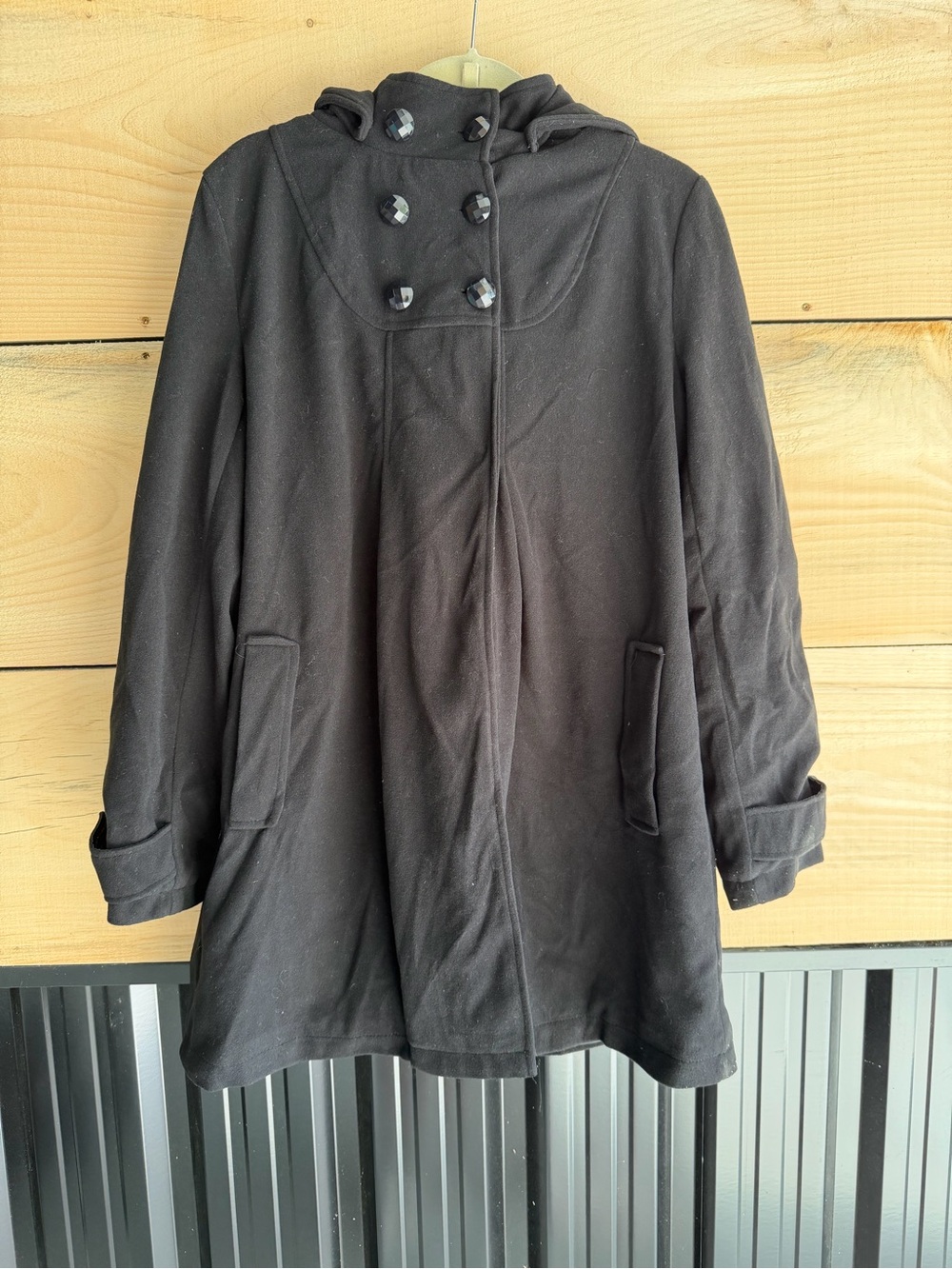 Women's Black Hooded Pea Coat with Button Detail (never worn)